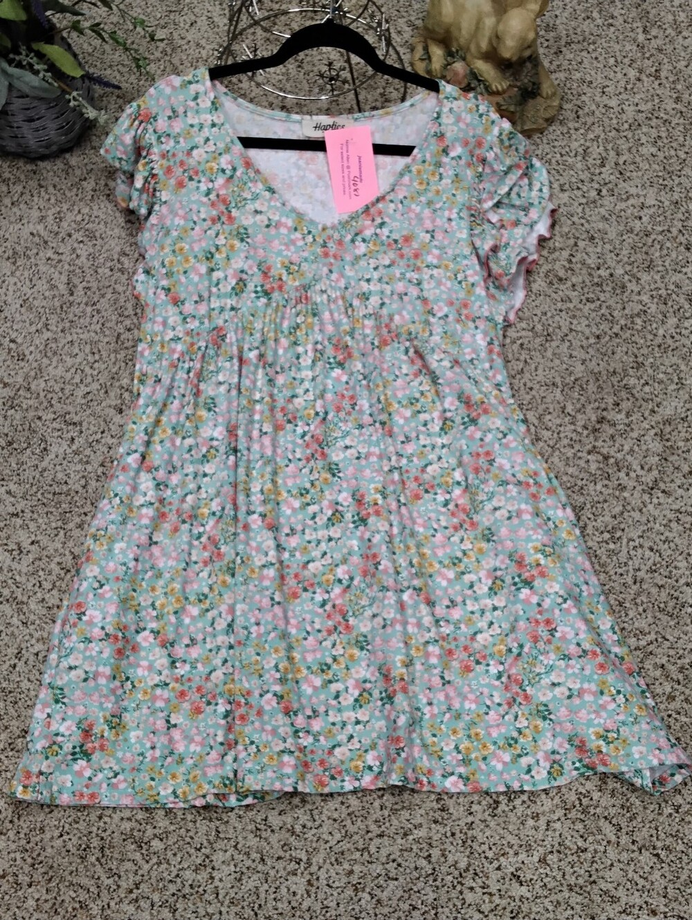 4081 Size XL Haptics Mint Floral Short Sleeve Dress with Pink Accents